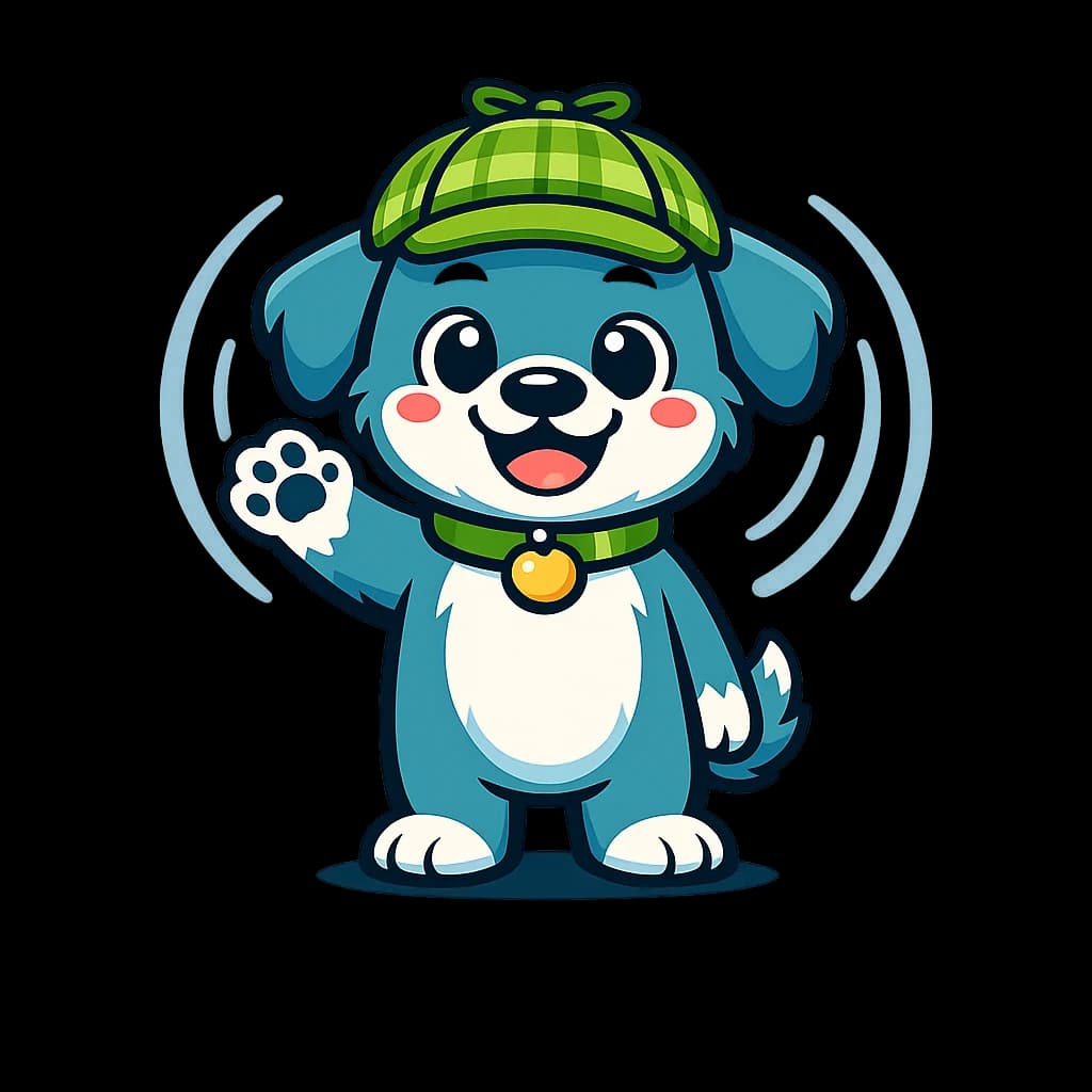 手を振って迎えてくれる探偵犬バズ