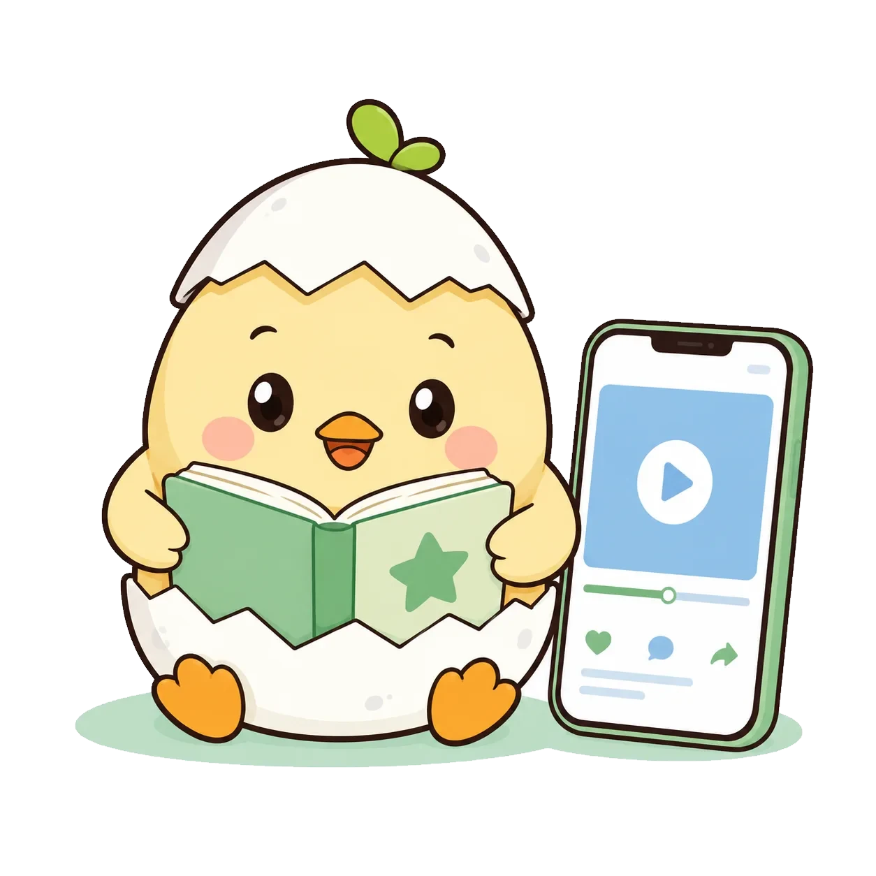 研修の本を読み、動画素材で学ぶマスコット・バズたま